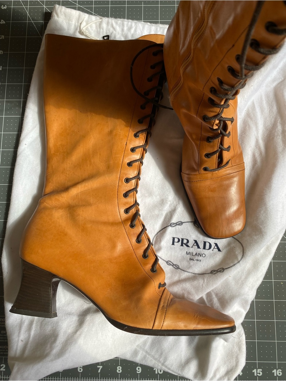 Prada Cognac/Tan Lace-Up Leather Mid-Calf Boots EU 39 / US 9 - Picture 5 of 10
